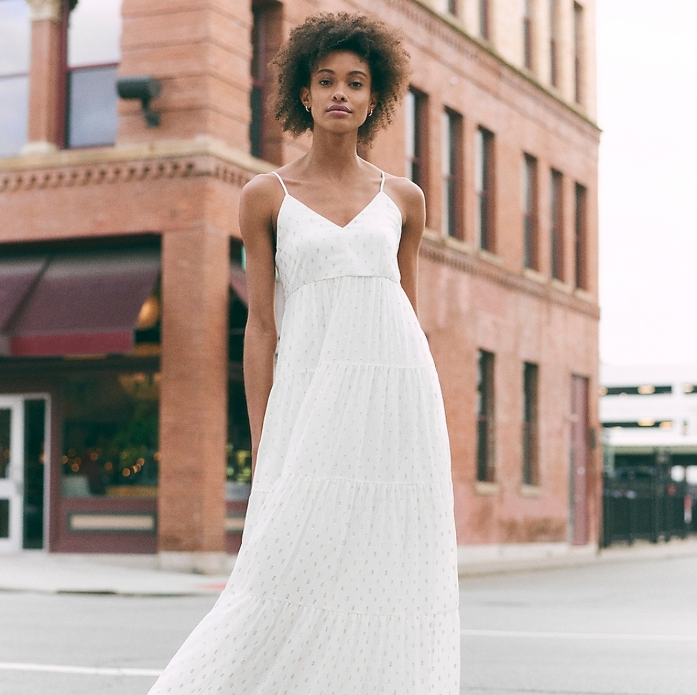 Express metallic tiered maxi dress